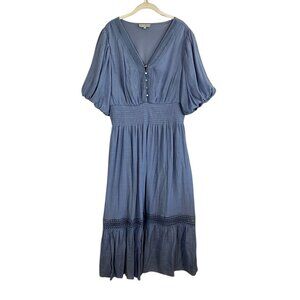 Blue Maxi Dress with Smocked Waist and Button V-Neck